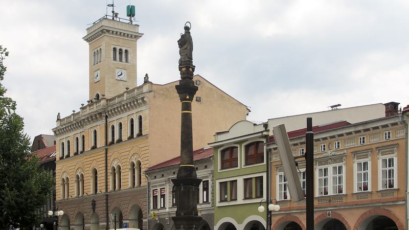 Central square in Frenštát pod Radhoštěm, the Czech Republic, with the town hall