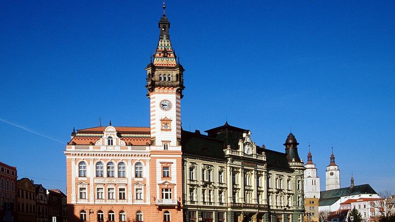 Townhall of Krnow with tower and adjacent bank building to the right. The townhall is iden