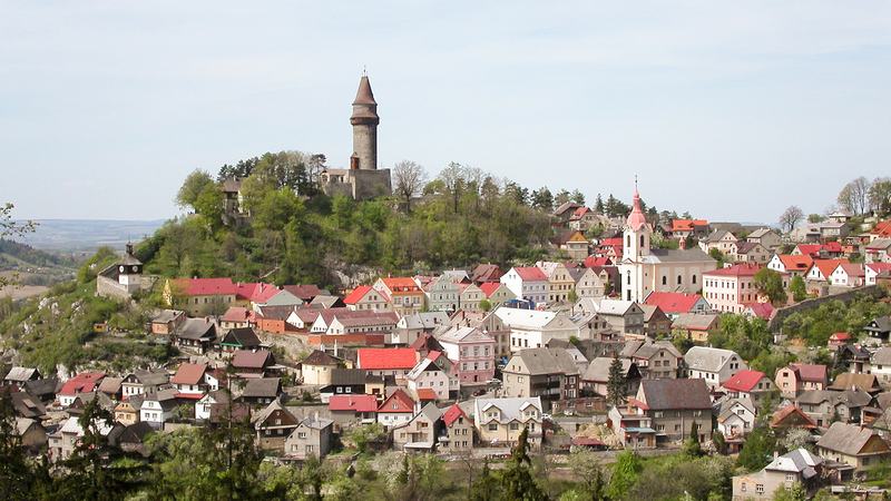 View at the Czech town of Štramberk with the Trúba castle tower from Šipka cave