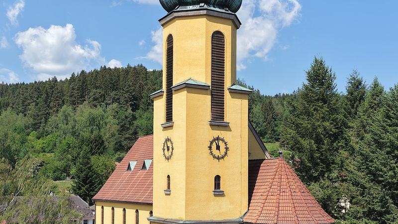 East view of the parish church of St. John of Nepomuk in Větřní